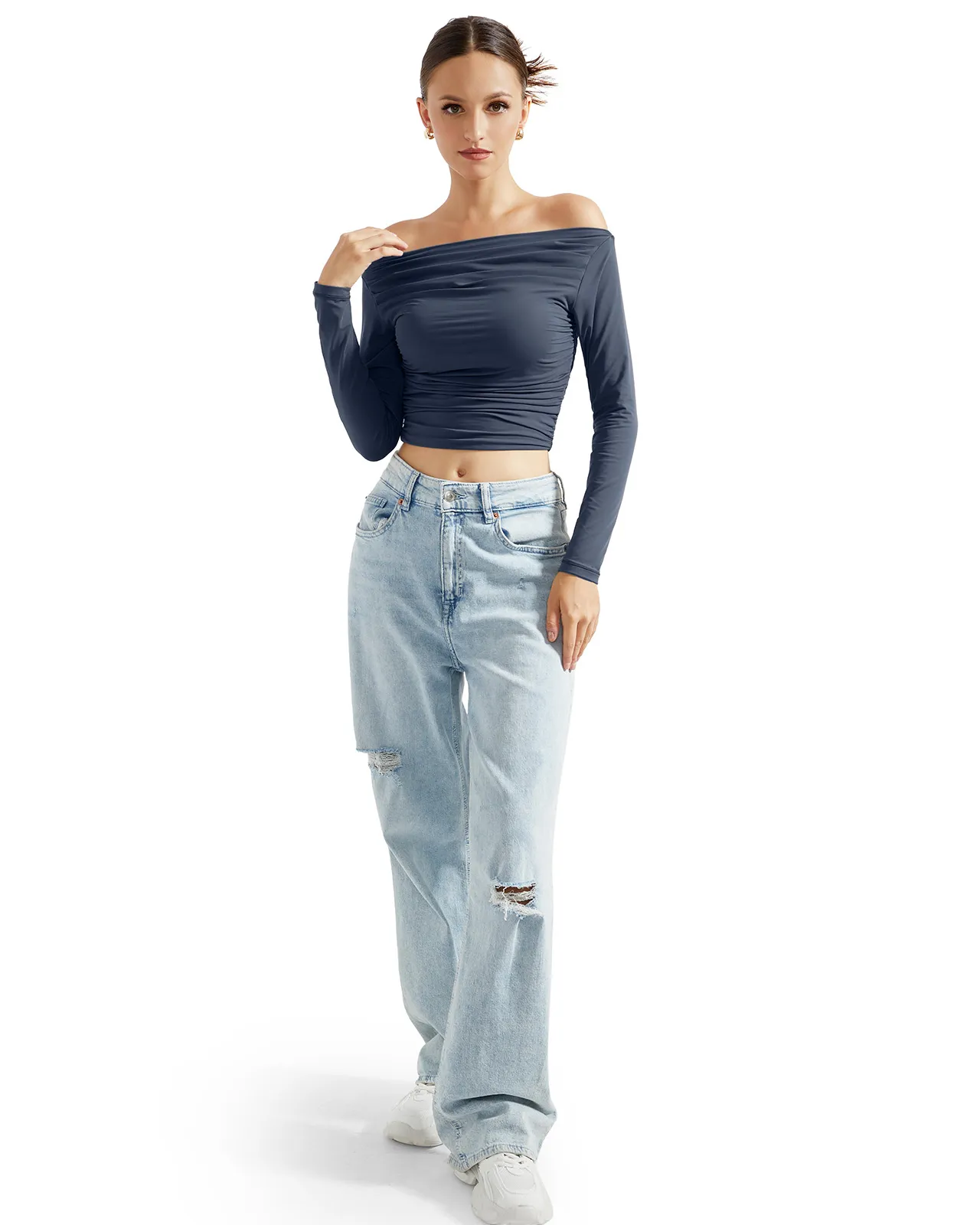 Buttery Soft Ruched Off Shoulder Shirt - Long Sleeve - Image 36