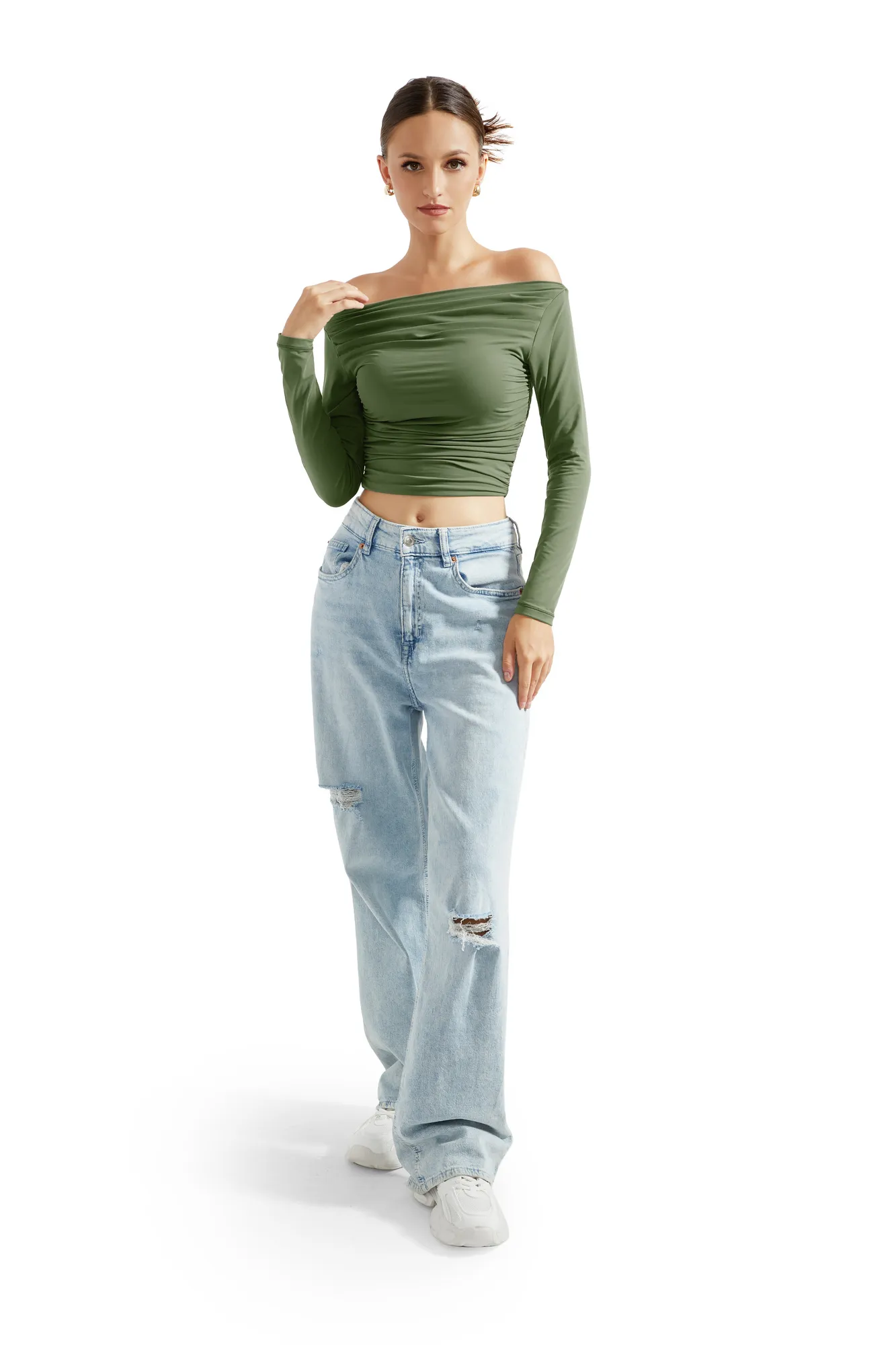 Buttery Soft Ruched Off Shoulder Shirt - Long Sleeve - Image 40