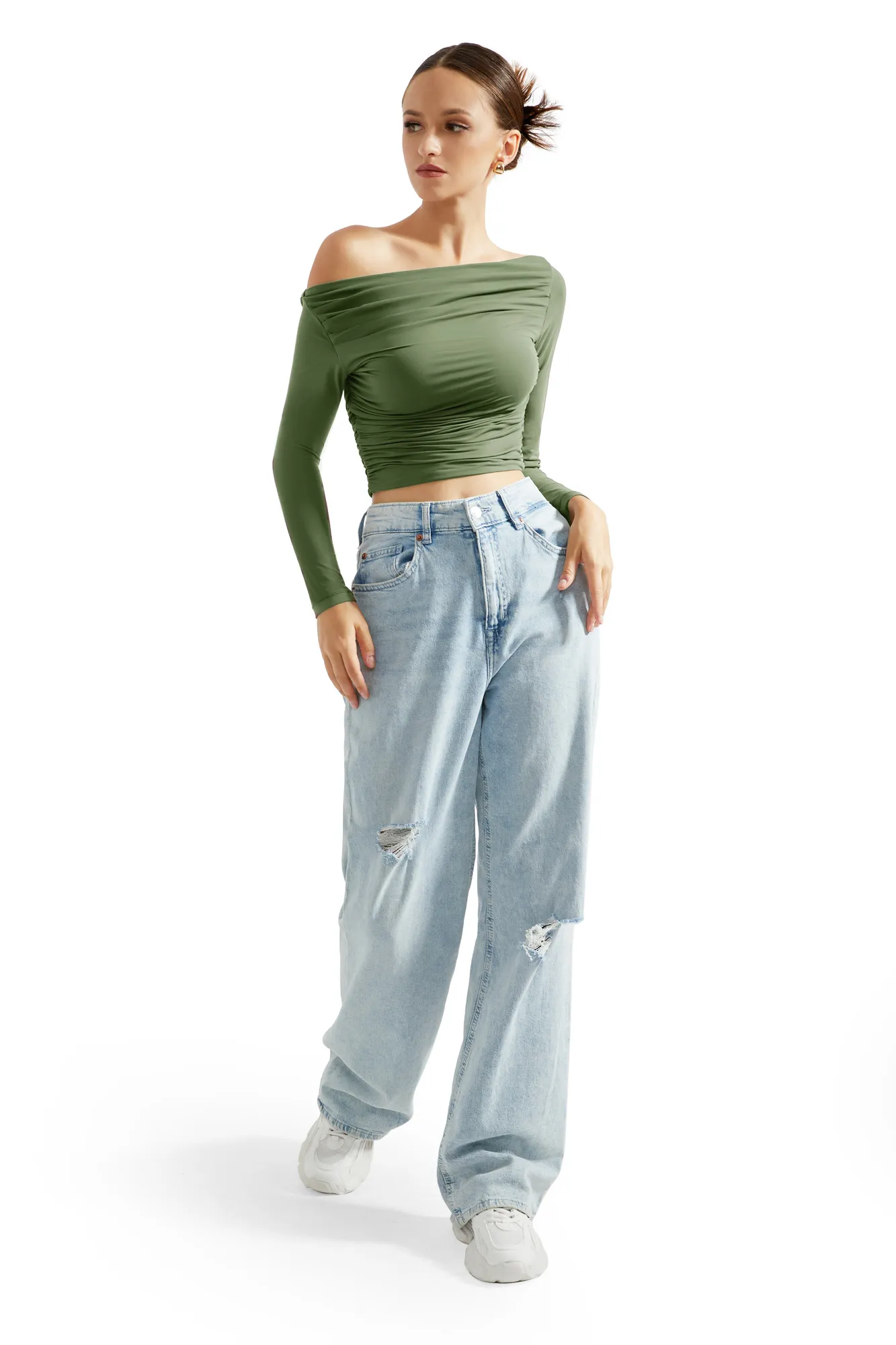 Buttery Soft Ruched Off Shoulder Shirt - Long Sleeve - Image 41