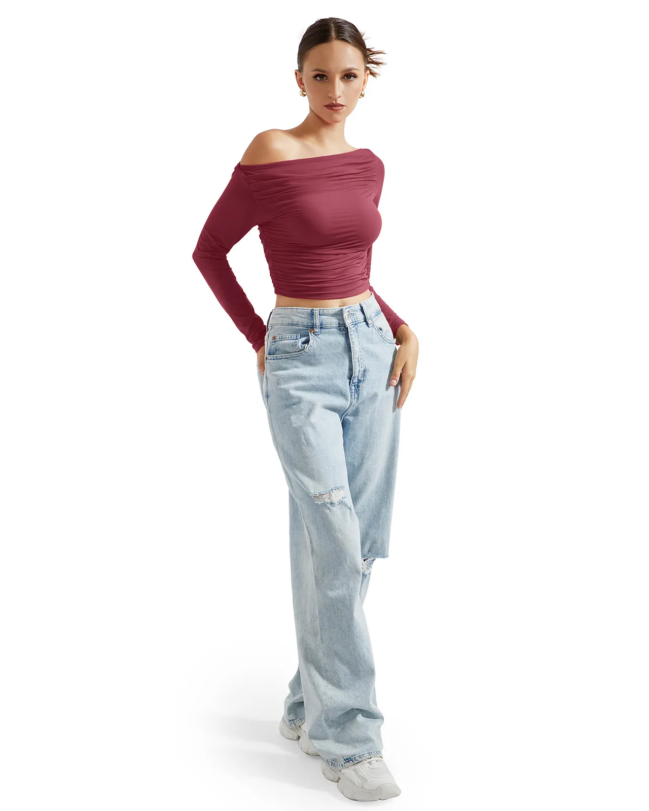 Buttery Soft Ruched Off Shoulder Shirt - Long Sleeve - Image 51