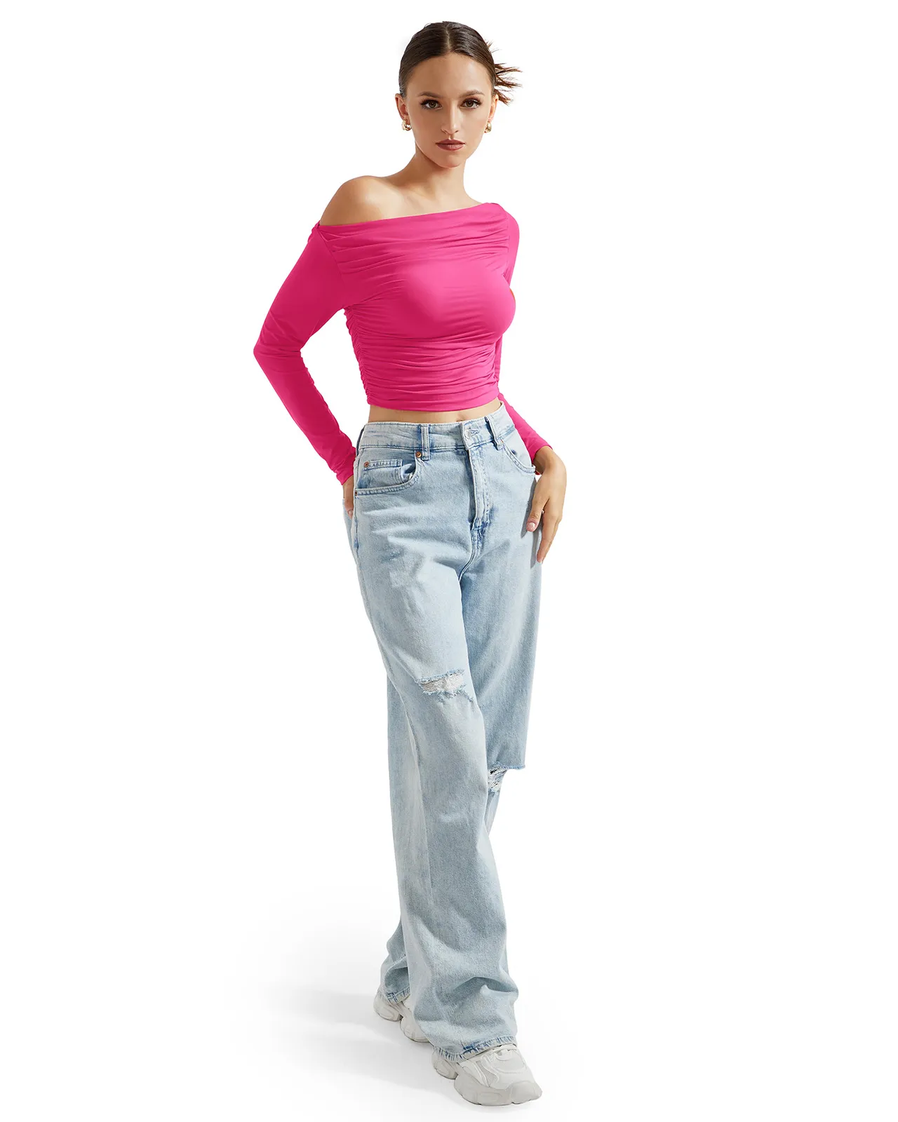 Buttery Soft Ruched Off Shoulder Shirt - Long Sleeve - Image 55