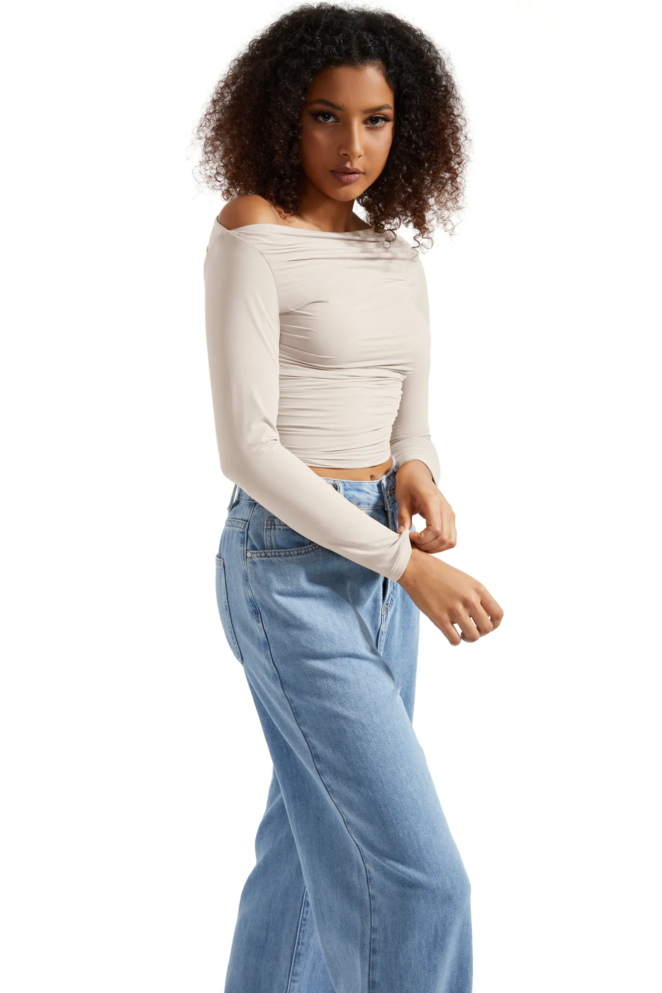 Buttery Soft Ruched Off Shoulder Shirt - Long Sleeve - Image 59