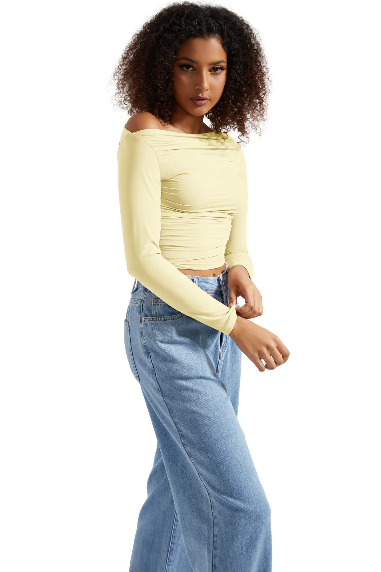 Buttery Soft Ruched Off Shoulder Shirt - Long Sleeve - Image 65