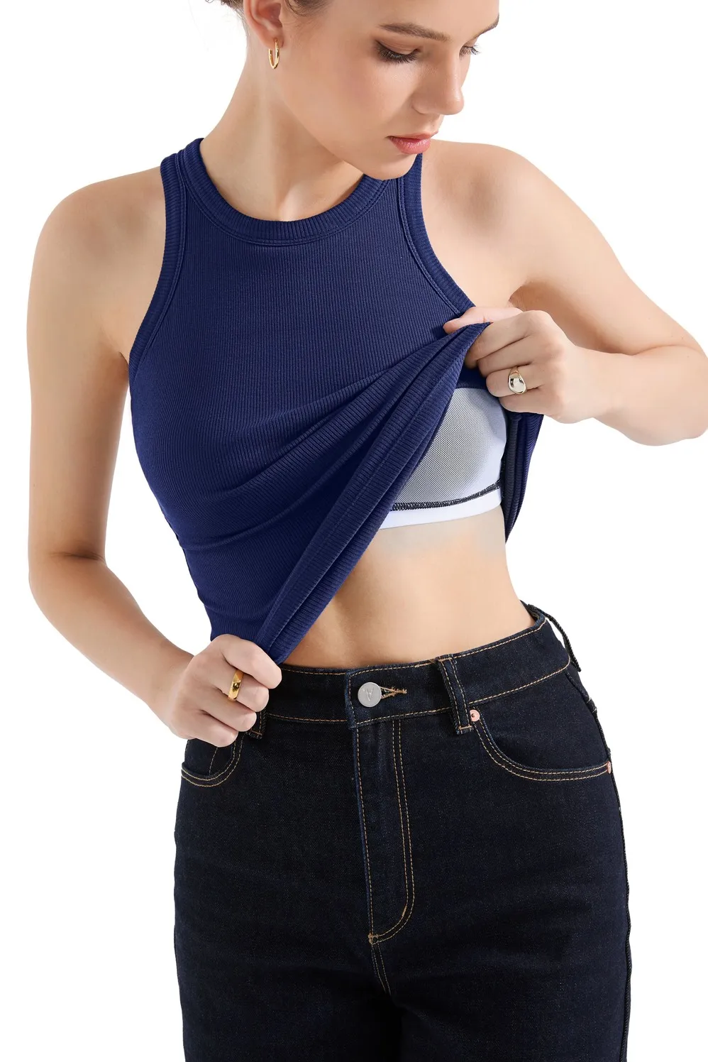 Cotton Ribbed Crew Neck Tank Top - Image 44