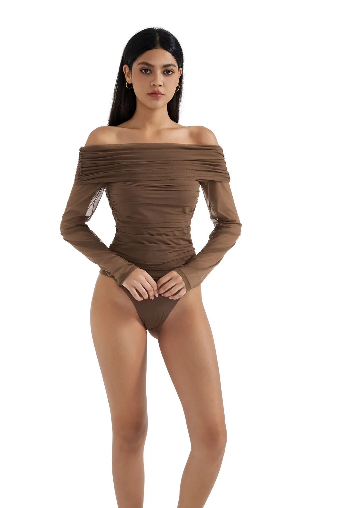Mesh Off Shoulder Ruched Shirt - Long Sleeve - Image 11
