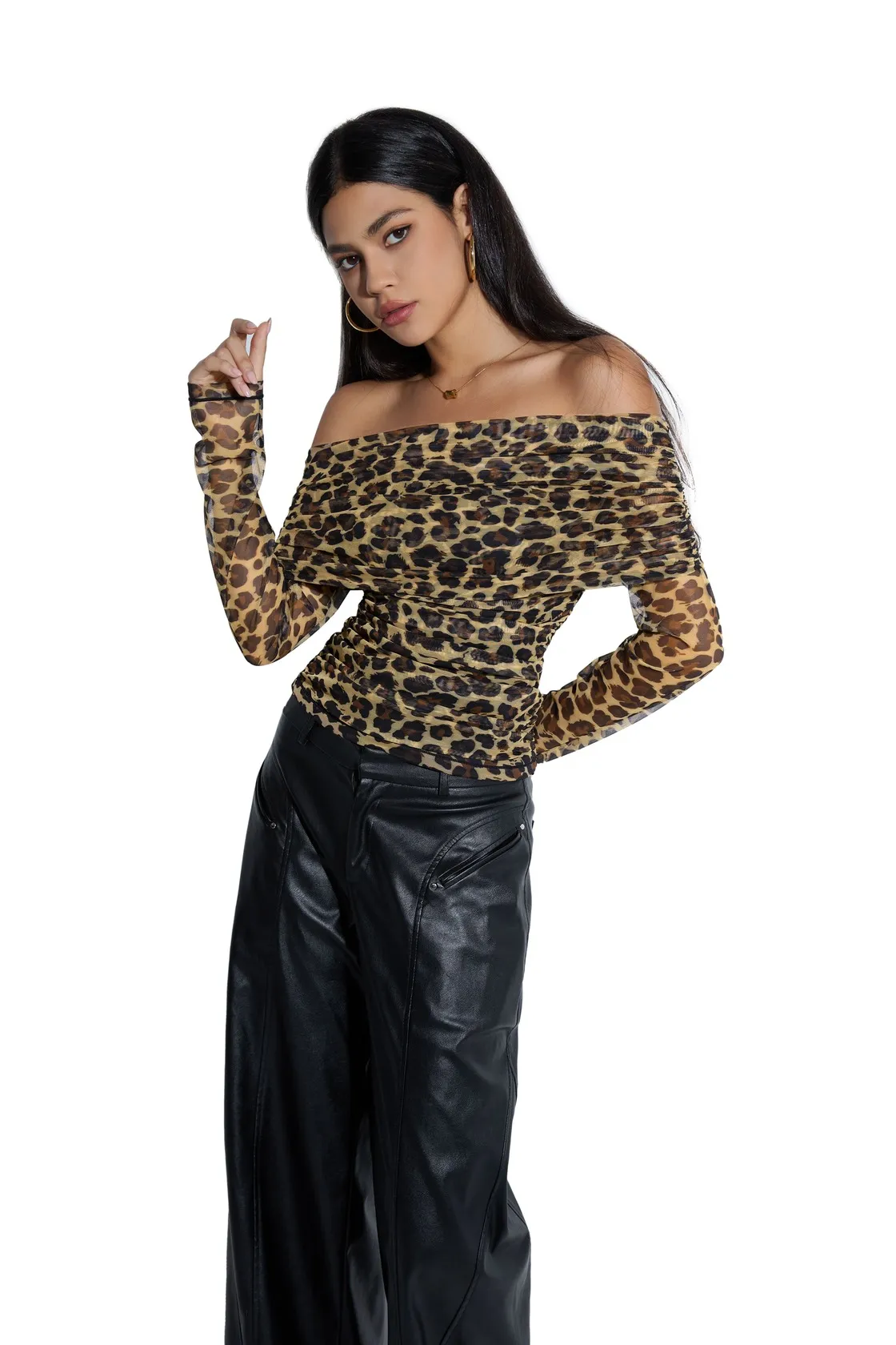 Mesh Off Shoulder Ruched Shirt - Long Sleeve - Image 14