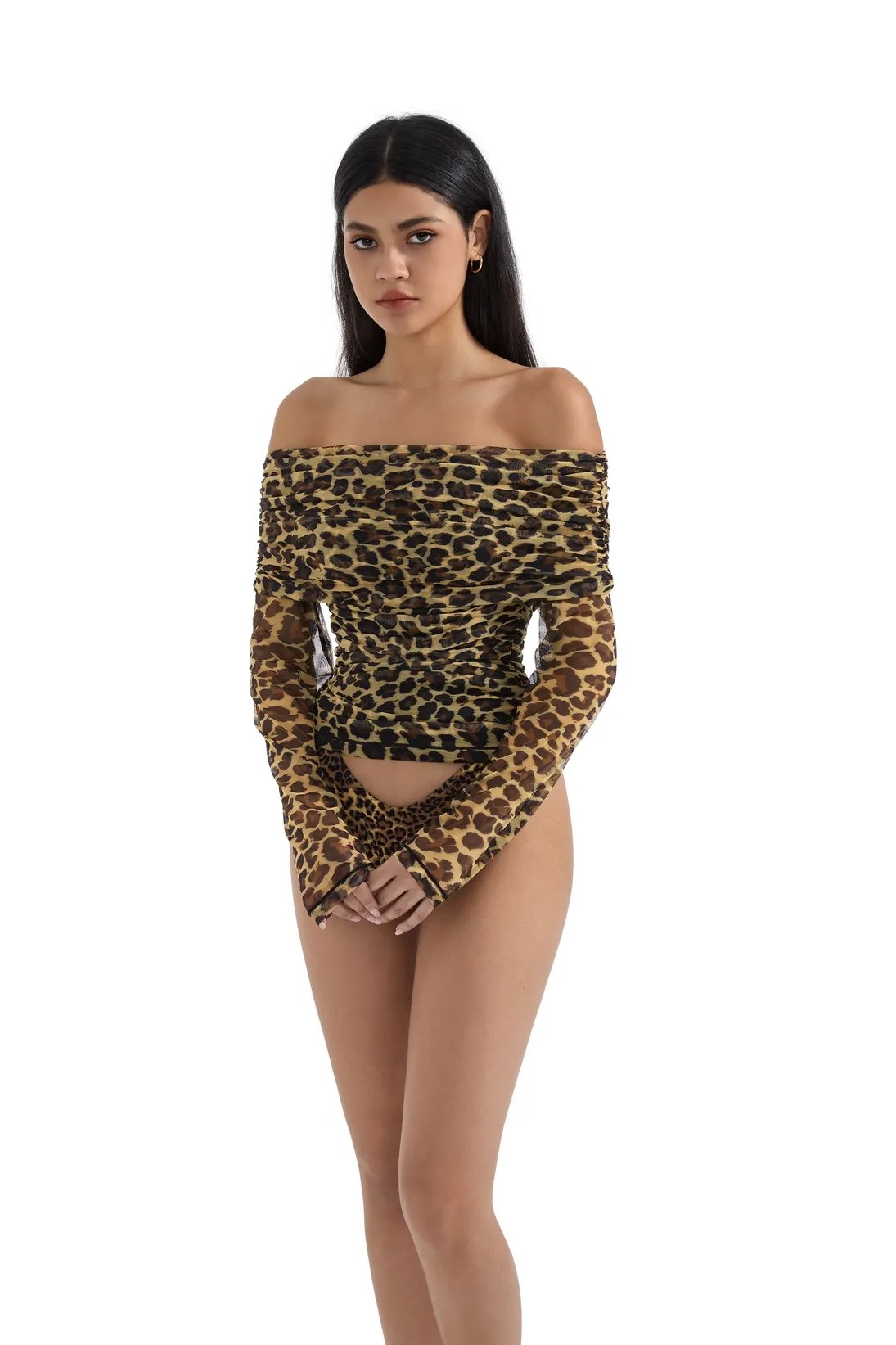 Mesh Off Shoulder Ruched Shirt - Long Sleeve - Image 16