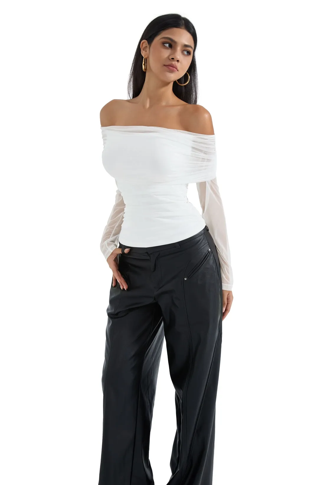 Mesh Off Shoulder Ruched Shirt - Long Sleeve - Image 20