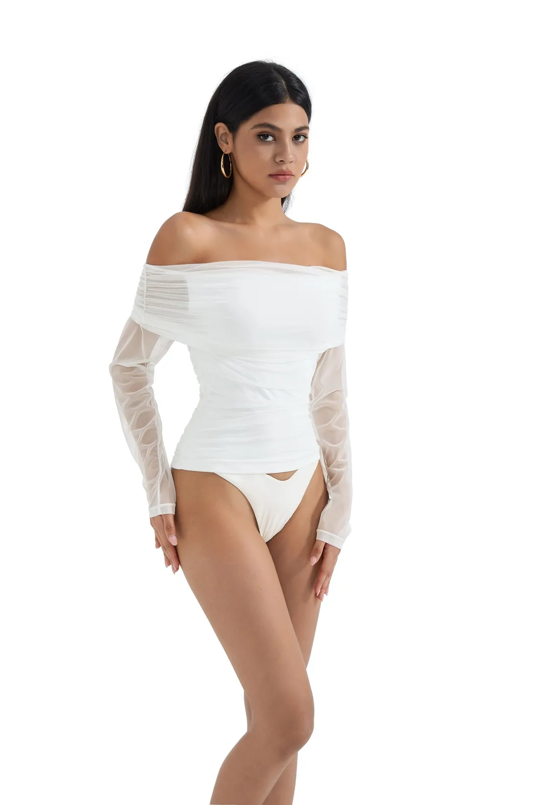 Mesh Off Shoulder Ruched Shirt - Long Sleeve - Image 21