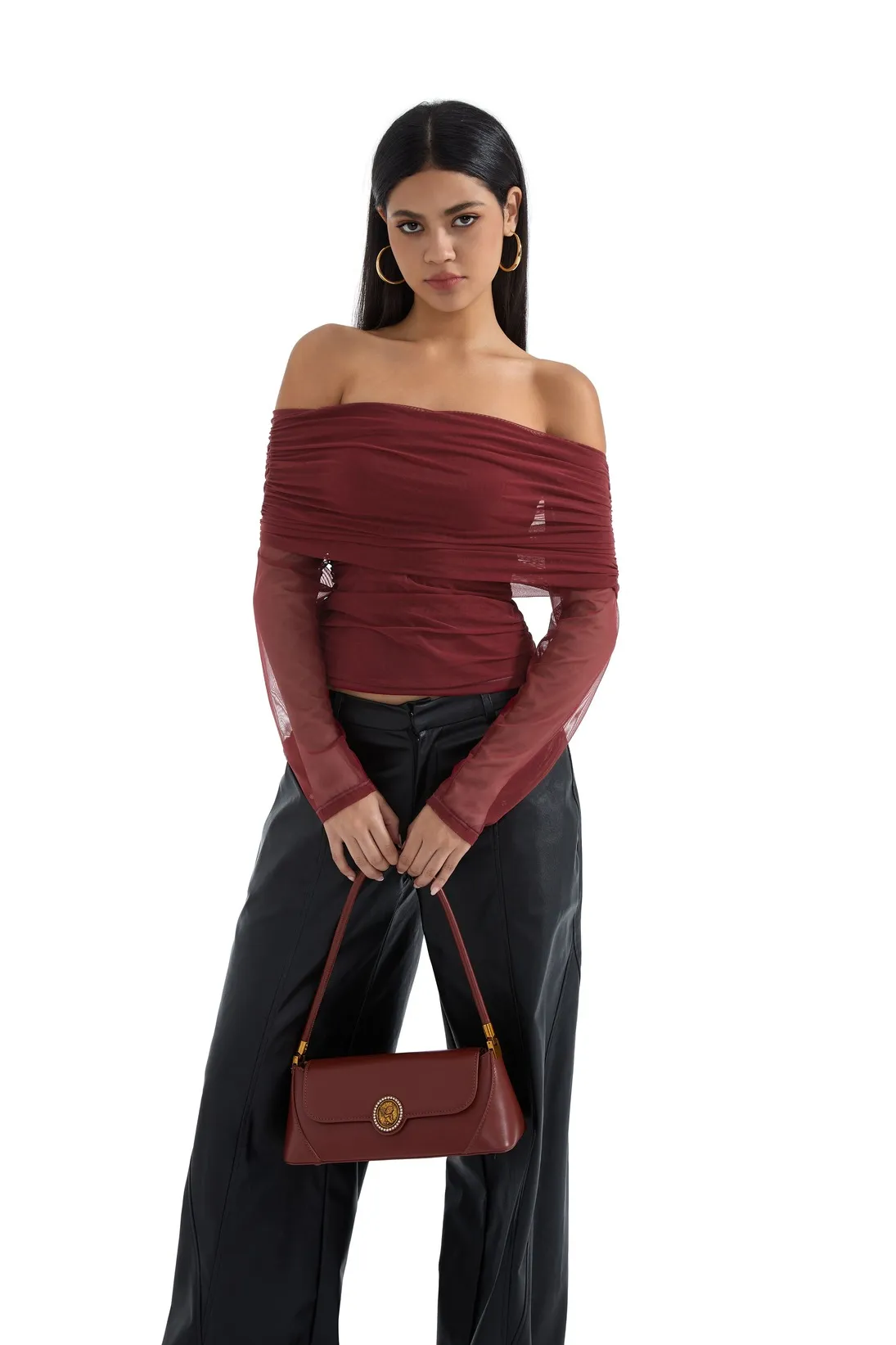 Mesh Off Shoulder Ruched Shirt - Long Sleeve - Image 23