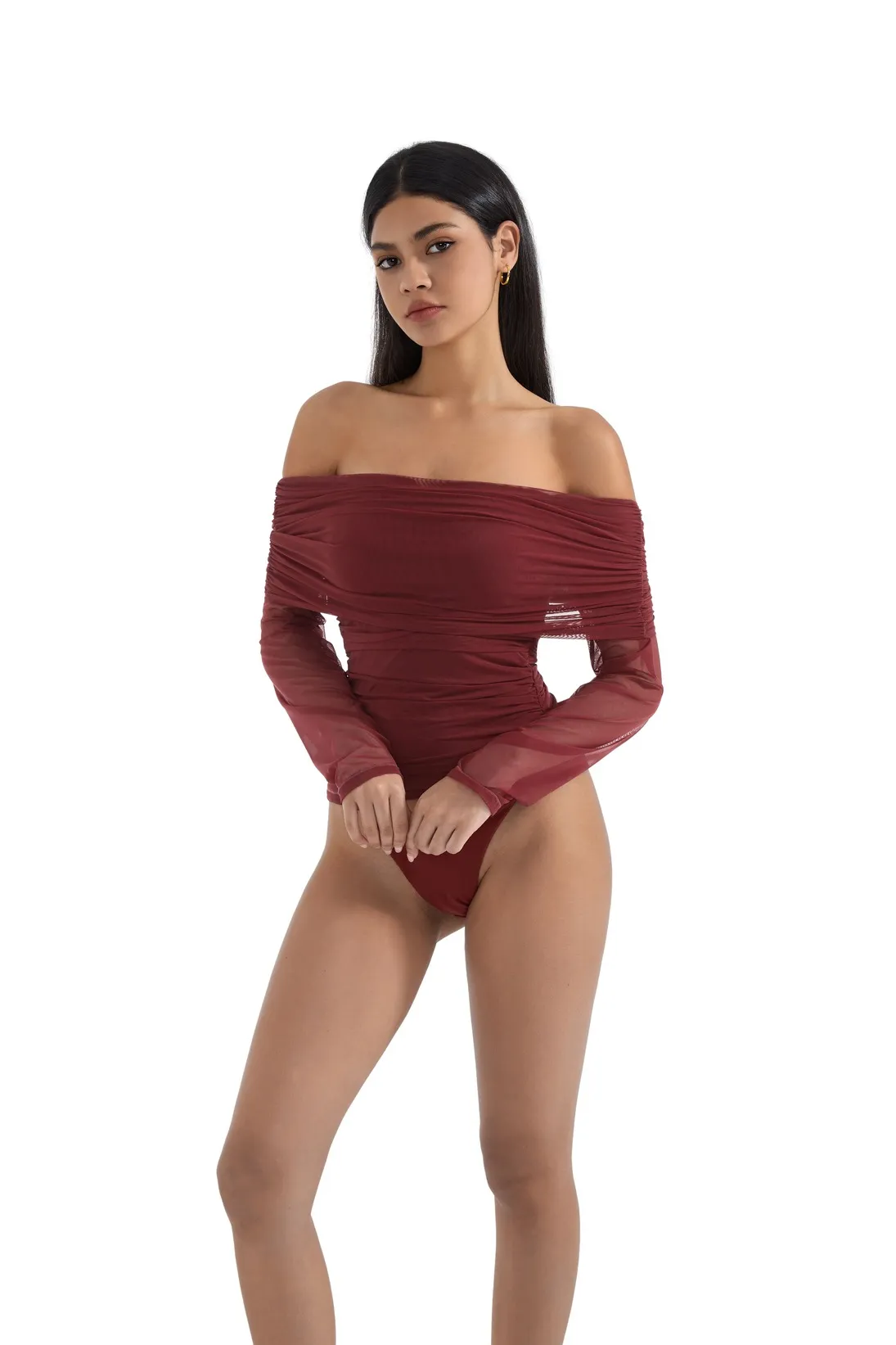 Mesh Off Shoulder Ruched Shirt - Long Sleeve - Image 27