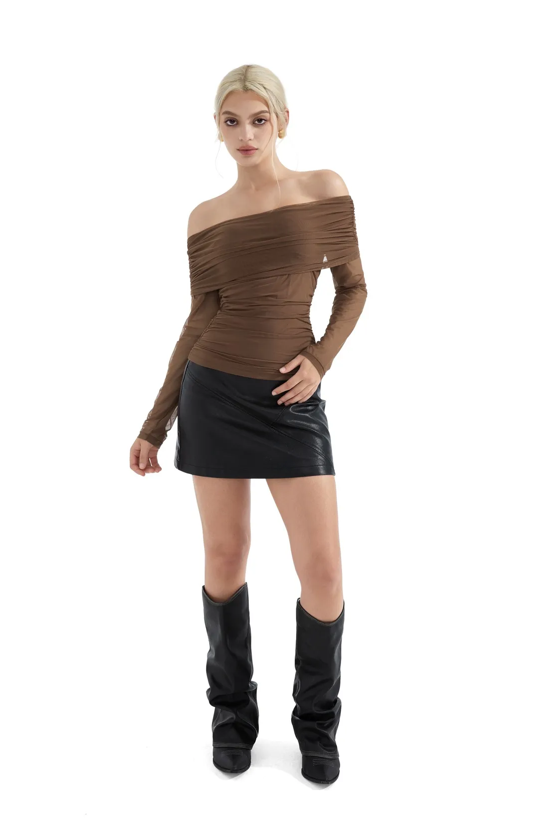 Mesh Off Shoulder Ruched Shirt - Long Sleeve - Image 8