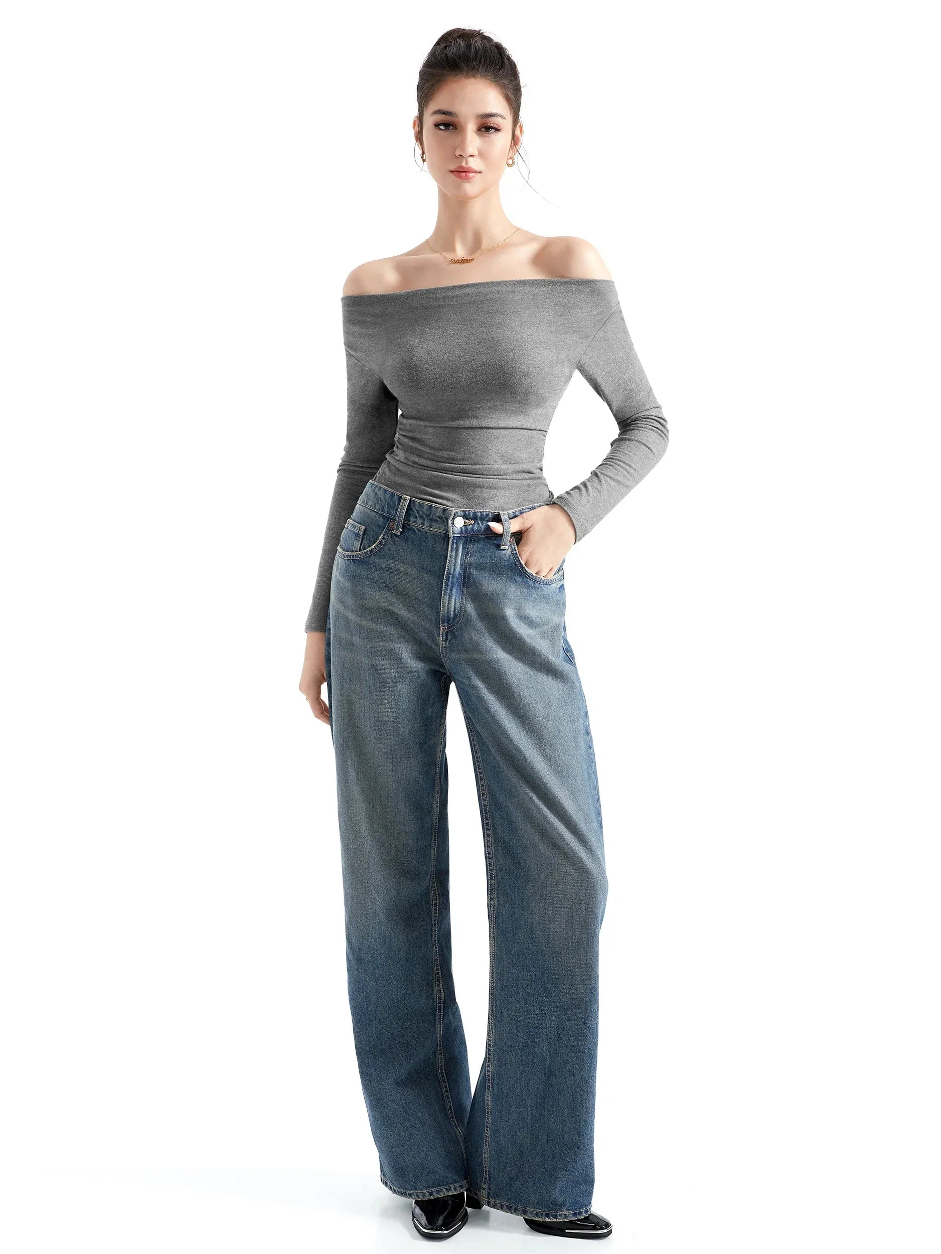 Off Shoulder Cowl Neck Shirt - Long Sleeve - Image 17