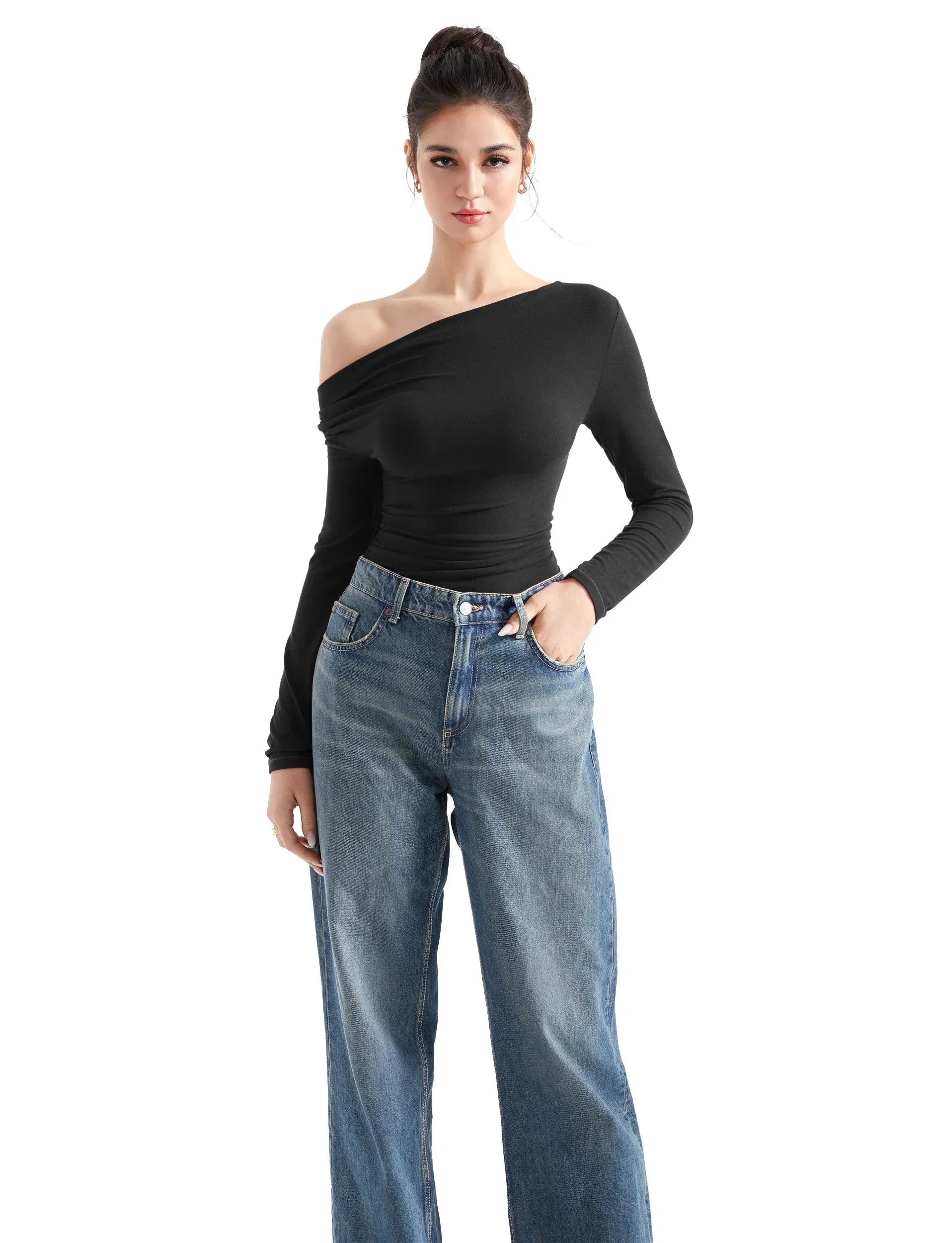 Off Shoulder Cowl Neck Shirt - Long Sleeve - Image 3