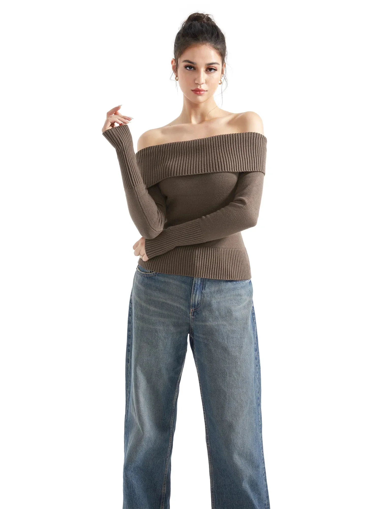 Ribbed Off Shoulder Shirt - Long Sleeve - Image 14