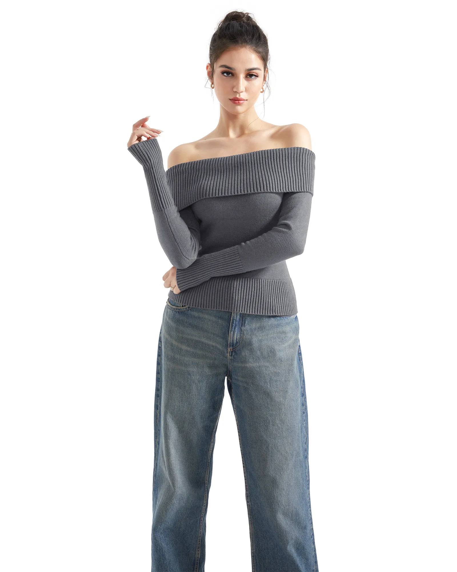 Ribbed Off Shoulder Shirt - Long Sleeve - Image 37