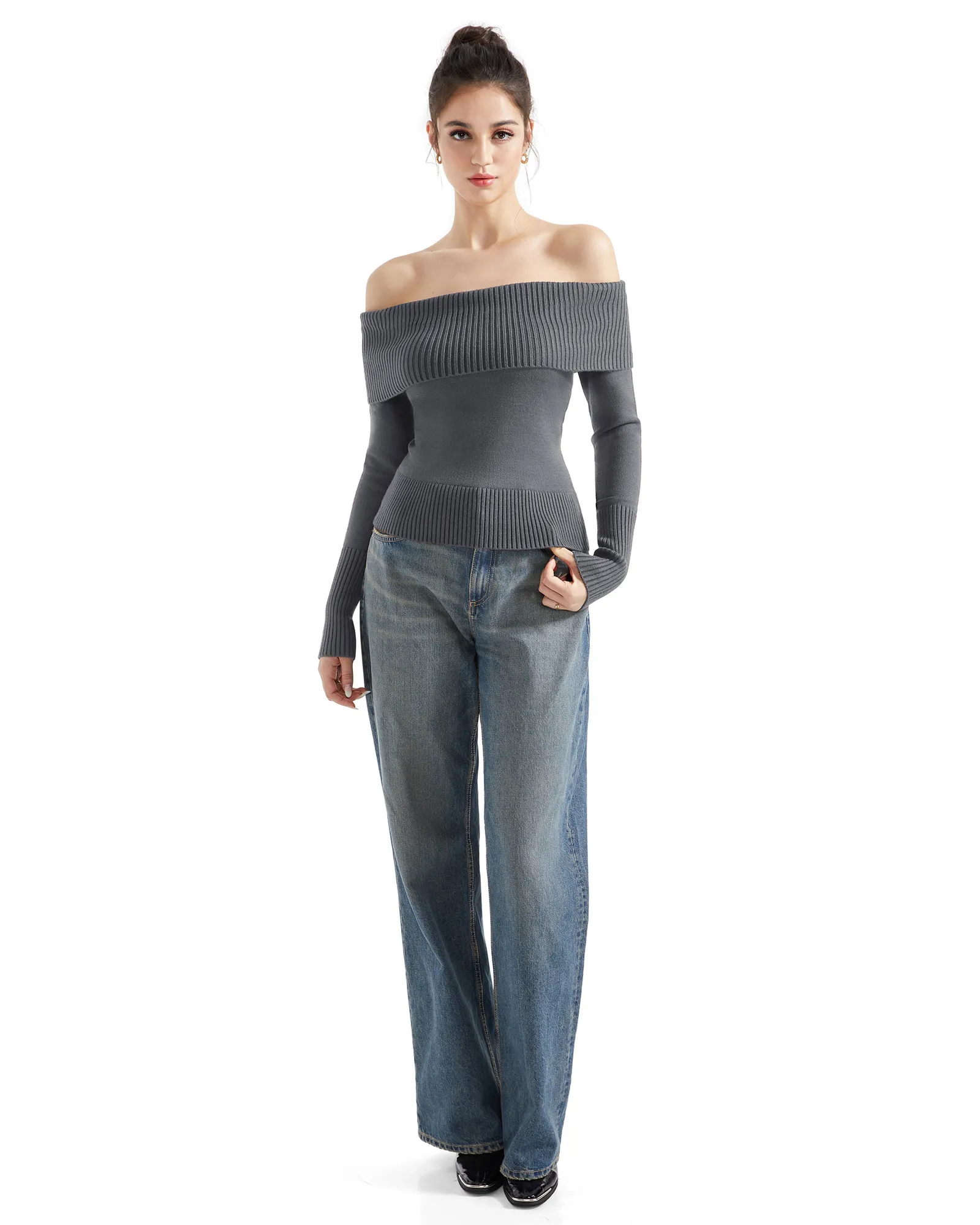 Ribbed Off Shoulder Shirt - Long Sleeve - Image 38