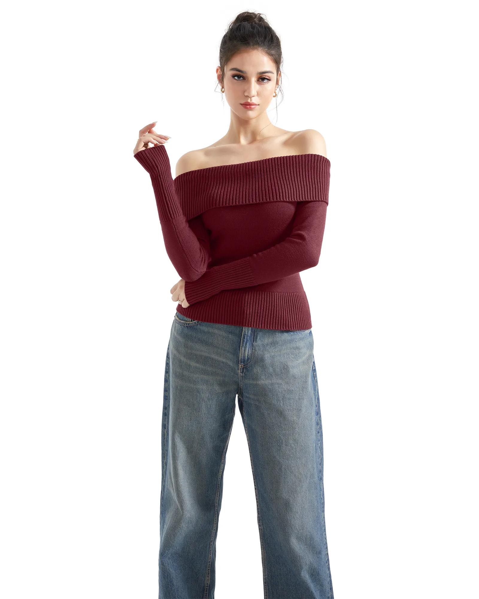 Ribbed Off Shoulder Shirt - Long Sleeve - Image 55