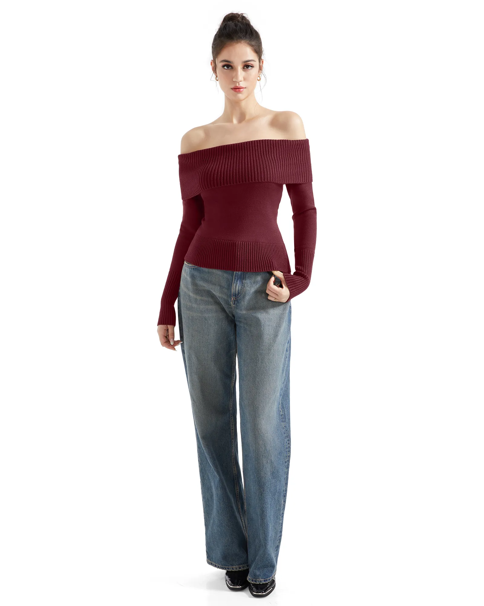 Ribbed Off Shoulder Shirt - Long Sleeve - Image 56